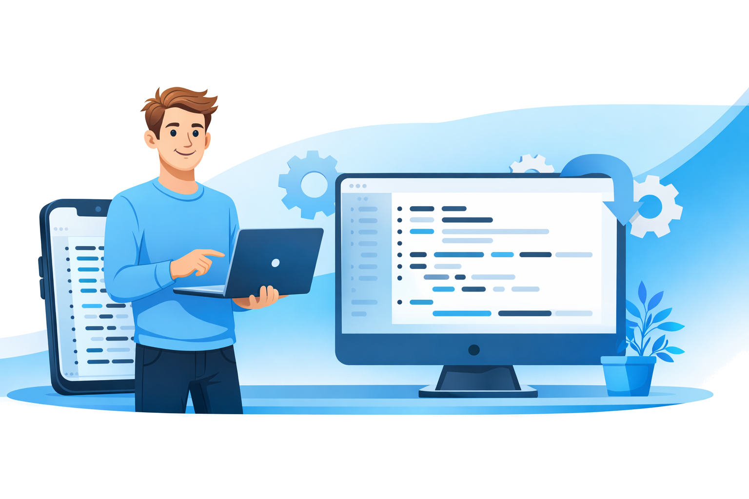 Desarrollador web mostrando una interfaz digital de GanaWebPro