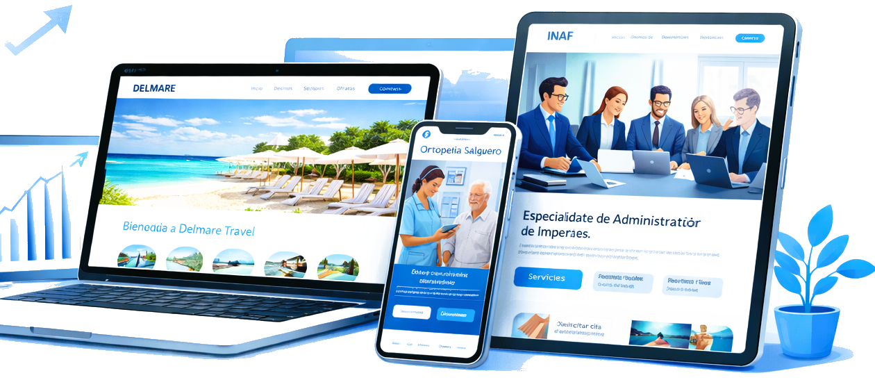 Ilustración de dispositivos mostrando experiencias digitales desarrolladas por GanaWebPro